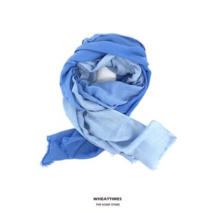 手工扎染 吊染 法国亚麻文艺丝巾围巾披肩 纯色渐变 过渡海蓝