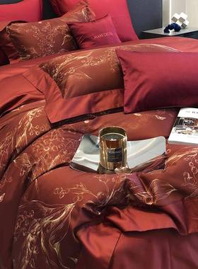 新红色喜庆婚ZOF全棉床品漫玫瑰提房花结婚被套纯棉中式婚四浪件