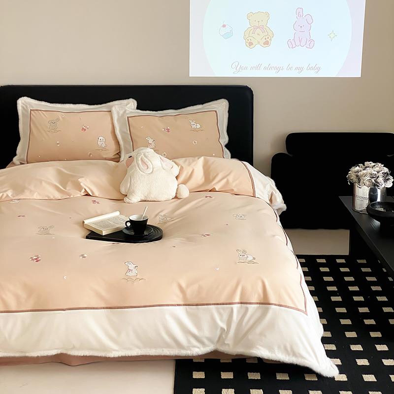 2024秋冬品10新0S陶2瓷磨毛刺绣四件套仟禧兔HGD1.m床单款三-件套