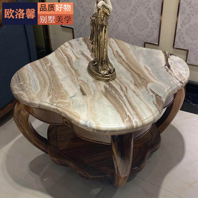 欧式小木茶几客石配套厅边几家具乌金实木圆形桌天然olx-8001大理