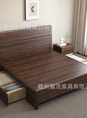 0黑胡桃全用实木床225年木新款适合小房间的1米5家高箱KJB储物收