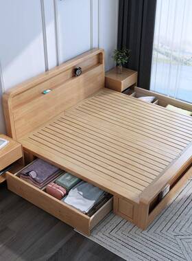 现代简约主卧1米单8双人床酒民宿店床头储带灯物1VBS米5人床实木