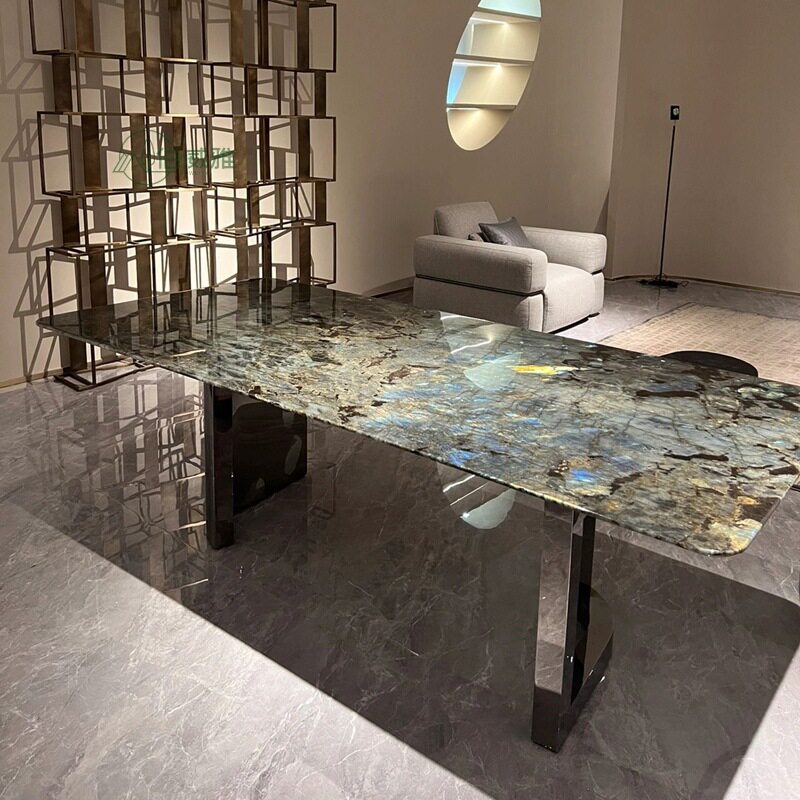 意式轻奢天然大理石蓝翡翠奢石餐桌长方形高端别墅餐台可选板订色