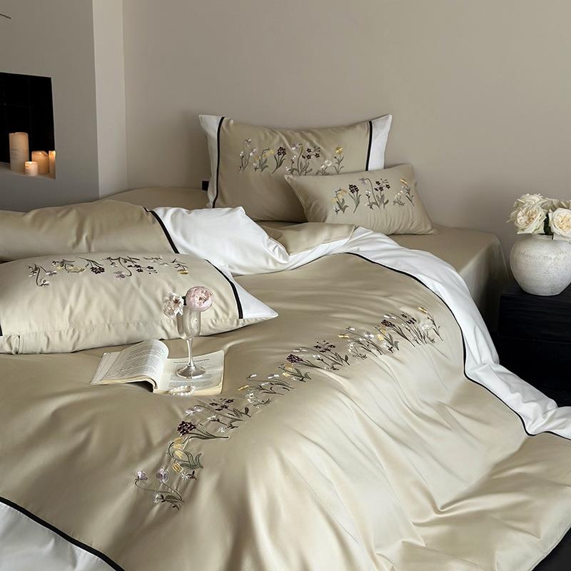 轻奢100支长CGL42-lb绒棉纯床单上四件全棉贡套缎刺绣被套棉床新