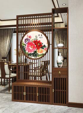 202CFK5新新中式木屏风转角实客款厅隔断入户中柜古玄关遮挡简约