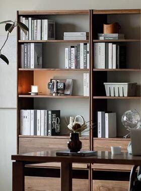 北胡桃木书柜全实木黑厅客整墙组合美柜日KLF式落地书架收纳柜展