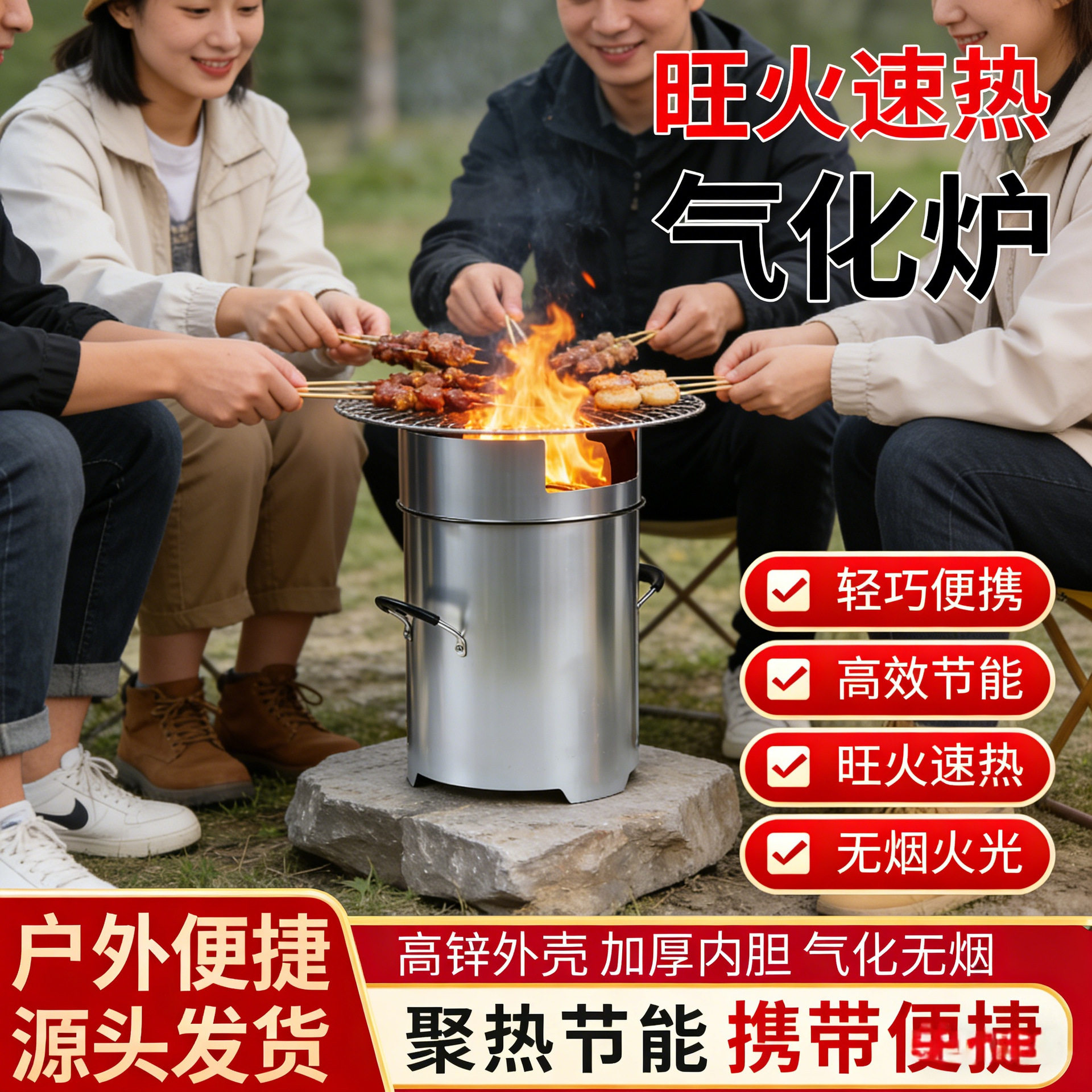 户外柴火炉灶野外无烟农村家用烧木柴移动便携新型汽气化炉具野餐