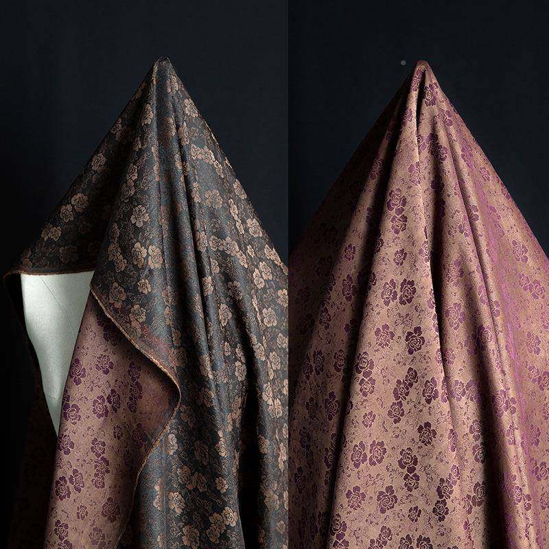 棕紫碎花真布丝香面云料中式双面纱异色提花PLM桑蚕丝交织服装料