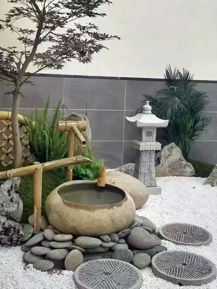 日式庭院造景流水石钵竹惊鹿 枯山水景观花园水景鹅卵石水钵石灯