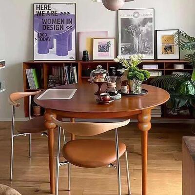 中古木餐桌圆桌复家用小型法式古美式EEC户设计师创意实饭桌洽谈