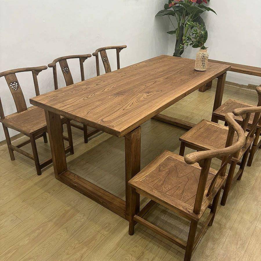 老榆木大板桌家用餐桌莫台比恩作吧书桌实木电桌脑桌办工235公书