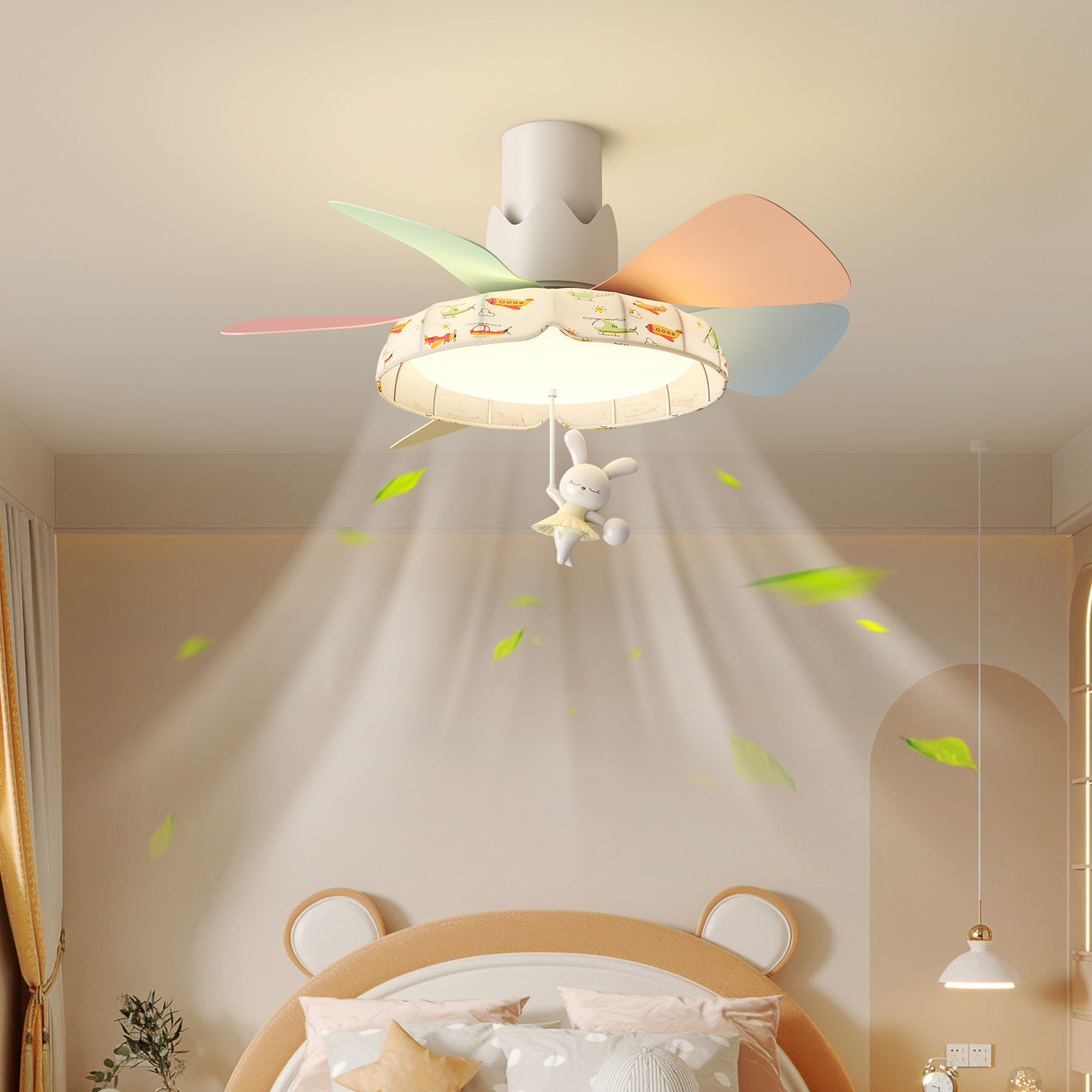 宋式美学可爱儿童房风扇灯奶油风印花布艺趣味卡通卧室糖果风扇灯