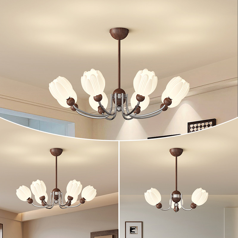 客厅吊灯现代简约创意胡桃木色LED护眼法式中古奶油风新款LED灯具