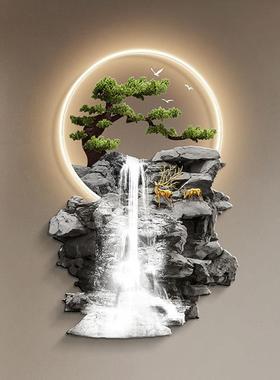 水生财玄关HFL装饰画带灯流新中式麋鹿走廊过道件画迎客挂松光壁