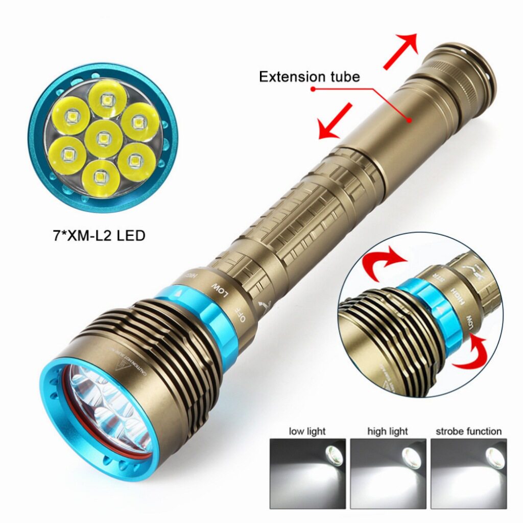 工厂现货 7灯L2/L6灯LED潜水手电筒户外赶海捞鱼专用灯大功率潜水