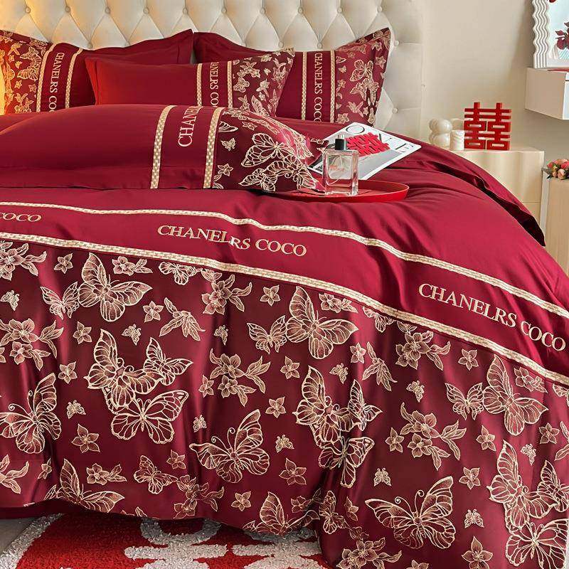 新中式婚结四件套FS758389嫁酒红色棉被套庆被罩床单陪婚床品床笠