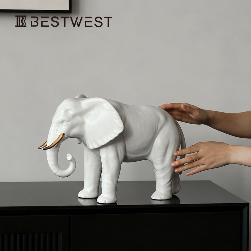 Best west 白色简约陶瓷大象动物摆件样板间设计师客厅桌面装饰品
