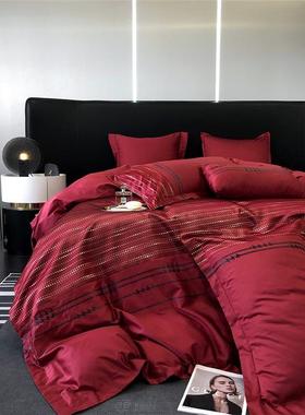 轻奢风红色20长绒棉四件IMD套支鸟格刺绣被套全棉双人床千上用品1