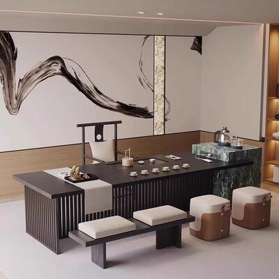 家实办公室茶多功FUC能一体岛台茶桌新中式用接待木泡桌现代大板