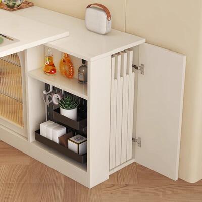 多奶油风木餐桌椅现代能简约推拉门EGE功餐边实柜可伸缩折叠储物