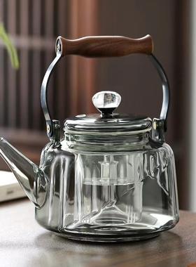 家用大容量蒸煮茶壶烟灰色木把茶玻璃煮LUS壶空煮壶提梁壶蒸一星