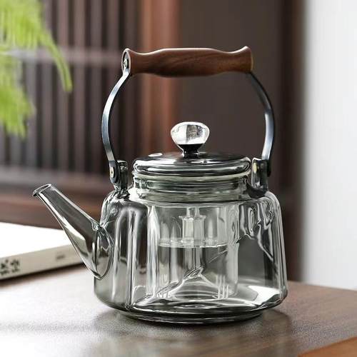 家用大容量蒸煮茶壶烟灰色木把茶玻璃煮LUS壶空煮壶提梁壶蒸一星