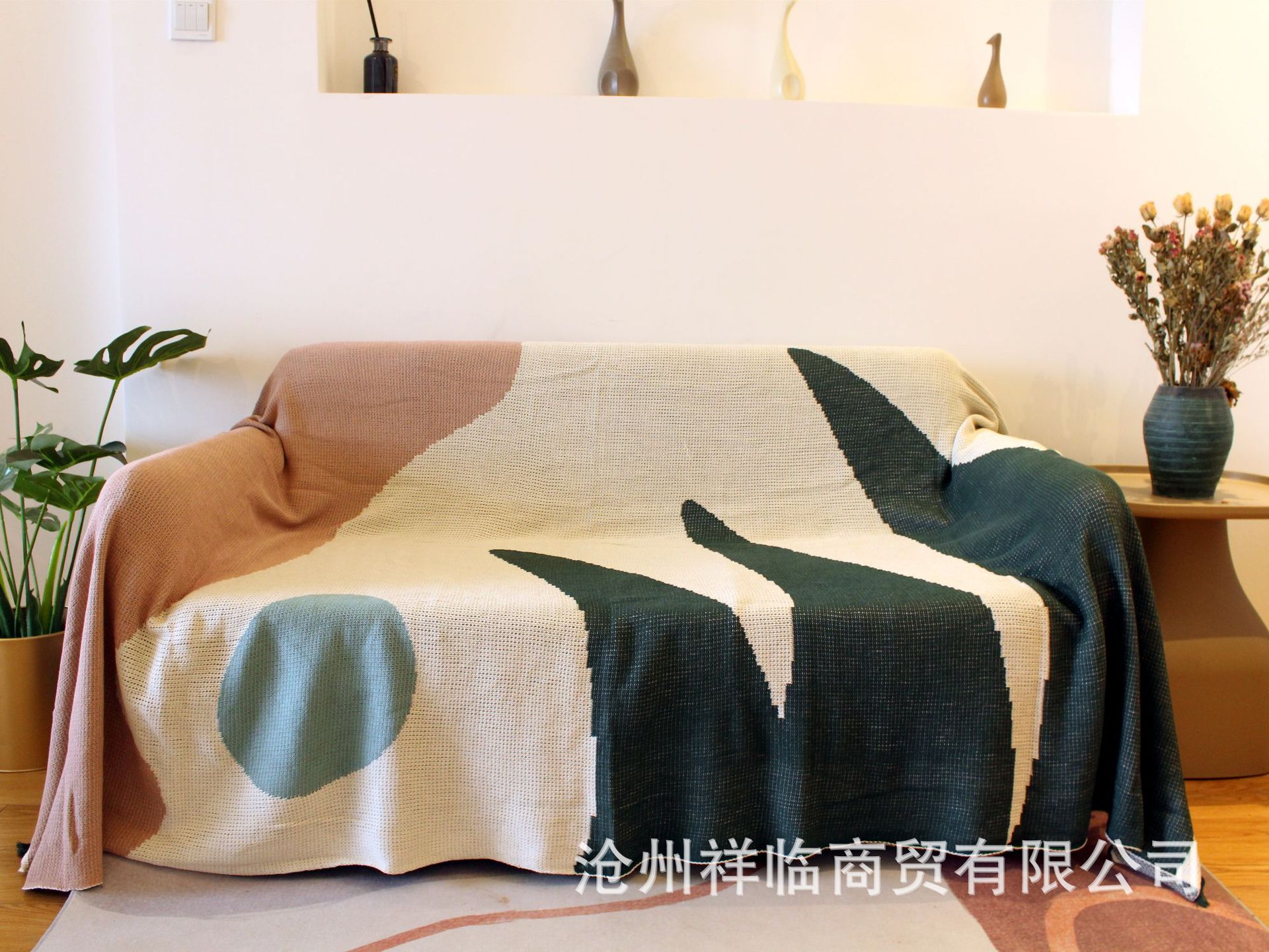来样印图针织植物图案沙发盖毯