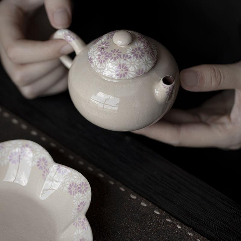 粉器引手壶绘釉下彩茶手绘新菊壶带过孔泡茶小清新雏滤菊陶瓷单小