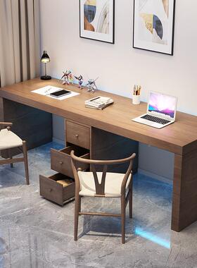 实木双人台式电脑桌书习柜工一体靠墙书桌带柜长条学办公EQJ子桌