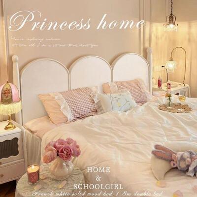 法式床古白LUA木床色床奶头油风公主双人床1.复51.8现代古风美式