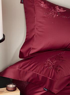 婚Mlc-112绒棉长四件棉套轻奢纯棉100庆支全红色结婚被套床单双人