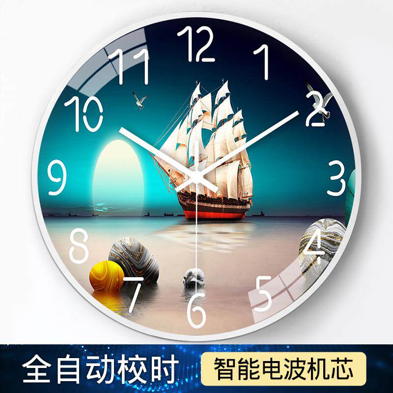 厅个静性创意挂动钟自对时电波钟音客餐厅装9021白框饰挂钟