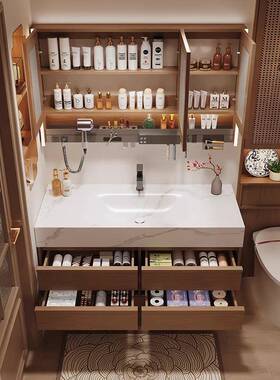 简约风板热弯一体盆实木浴44160脸室柜组合卫间智能洗生手盆洗岩