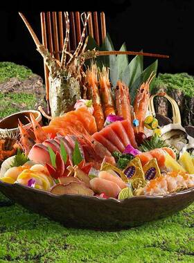 高档餐海鲜三文鱼ILJ姿造冰盘密胺身冰盘干雪花和牛造型摆盘创意