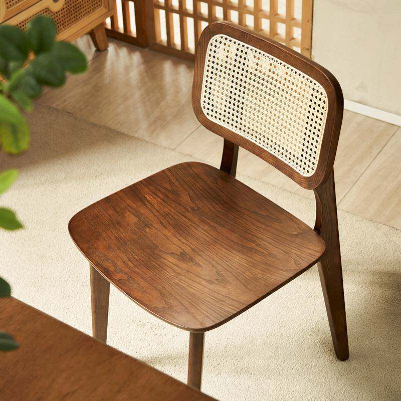 日式餐桌胡古色实桌子白桃蜡木藤编餐木桌椅组合QP-24071复简约长