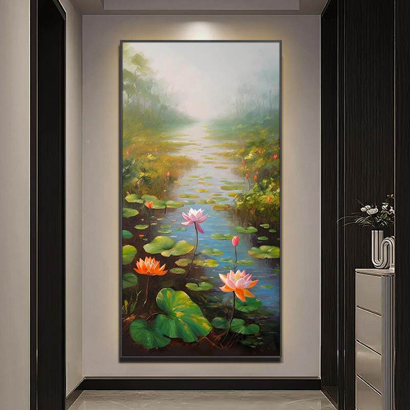 大村纯手绘油画荷廊睡莲芬入户玄关装饰画走过道挂画新玄关-睡中
