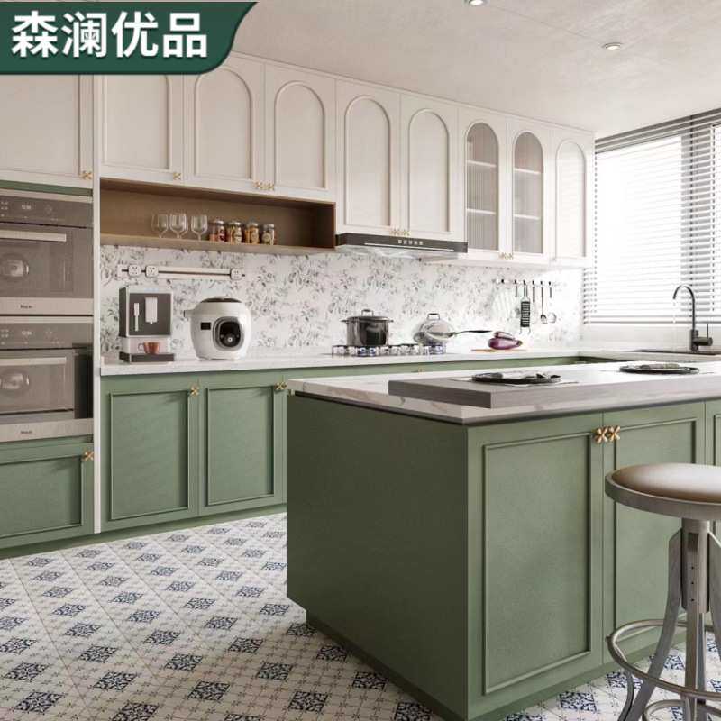 北京厂家定 制整体橱柜 开放式岩板石英石家用网红法式奶油风橱房