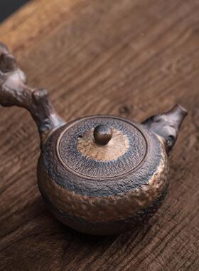 壶GZS20203枯木把壶新中式粗陶手工复古陶瓷夫茶具侧单鎏金铁功釉