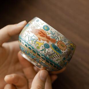 千代鱼藻纹鎏银主人杯茶杯珐陶瓷杯茶镀银茶杯琅彩大容量茶碗QVV