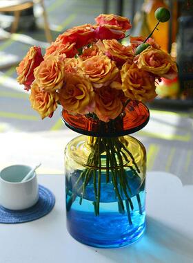 焦糖渐变琥珀海蓝飞碟口花瓶摆件厚料质感系手工玻璃花器工艺品