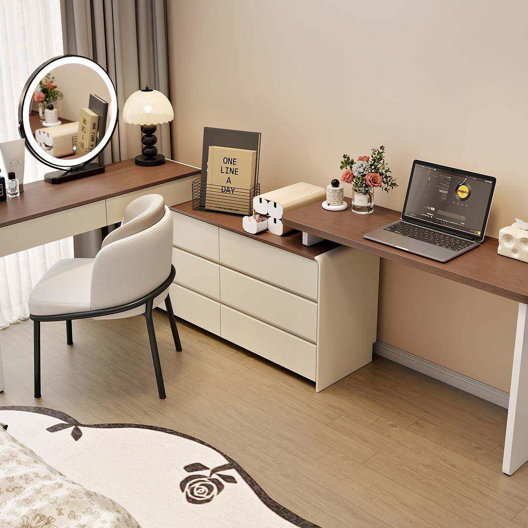 书桌梳妆台一体电脑桌卧室简约现代实木床尾斗柜转角化妆桌收纳柜