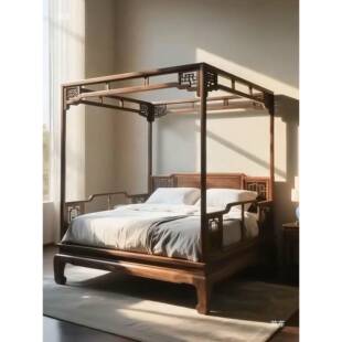 新中式北美黑胡桃木架子床宋式美学极简拔步床家用卧室实木四柱床