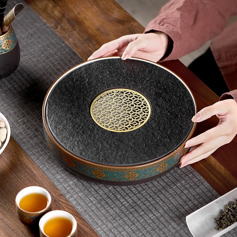 日式古韵乌金石圆形储水茶盘