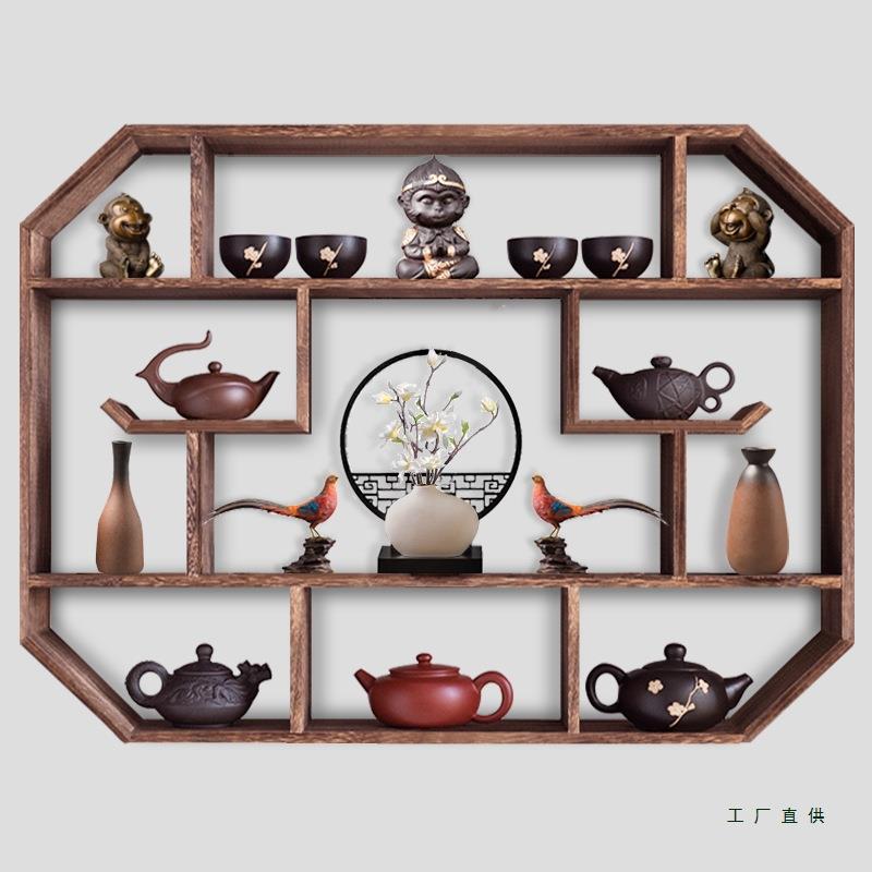 博古架实木中式壁挂式多宝阁挂墙茶壶架子摆架置物架简约现代古董