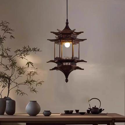 新款宋代美学吊灯客厅餐厅过道宋式六角凉亭新中式复古中式小吊灯