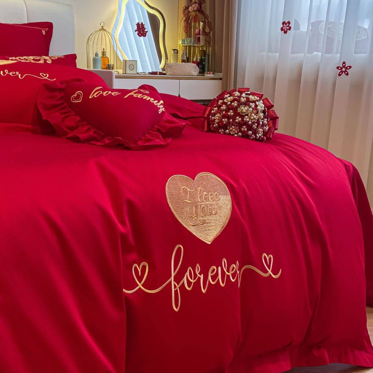 全棉床品简约款婚庆纯棉四件套结婚大红色陪嫁床品轻奢刺绣套件