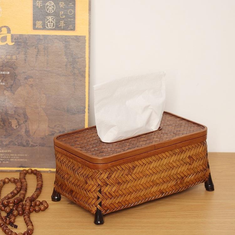 大漆纯手工竹编纸巾盒抽纸盒长方形餐巾纸盒客厅餐厅书房茶室中式