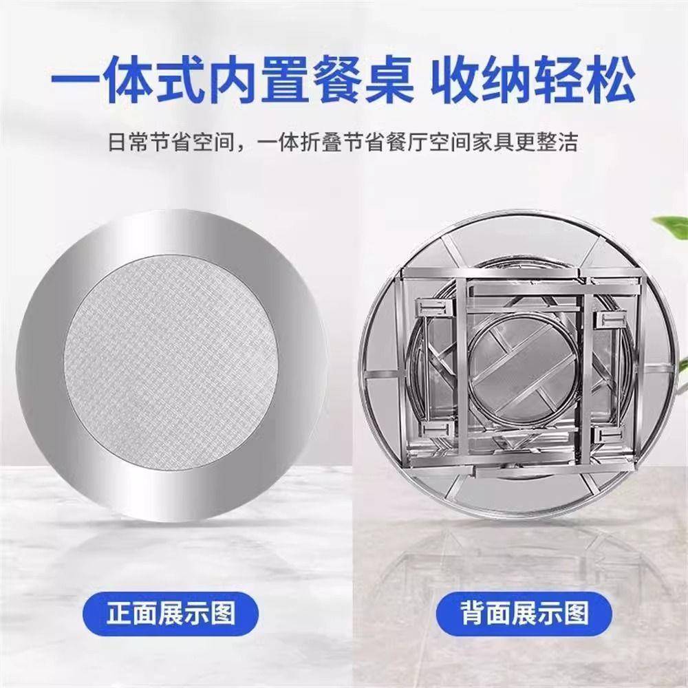 内置加厚不锈钢圆桌仿理石纹可折叠家用饭桌带转盘餐桌彩图案桌子