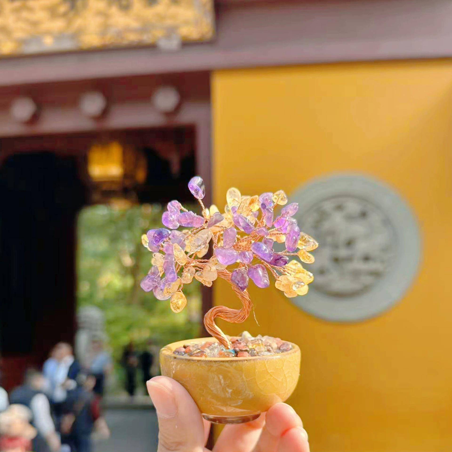 灵隐发财树黄水晶摆件招财树聚宝盆办公桌小摆件工位摇钱树装饰品