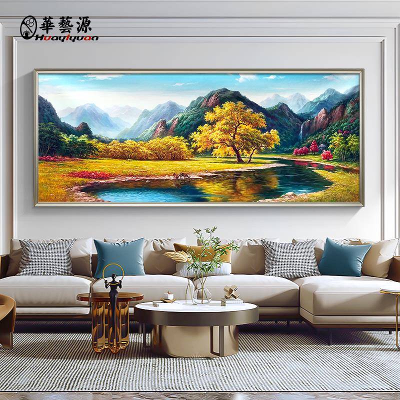 纯手绘油画客厅挂画欧式山水风景装饰画美式横版办公室发财树挂画